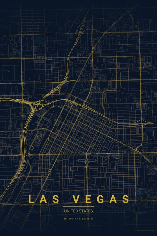 Las Vegas map poster in the Midnight Blue theme