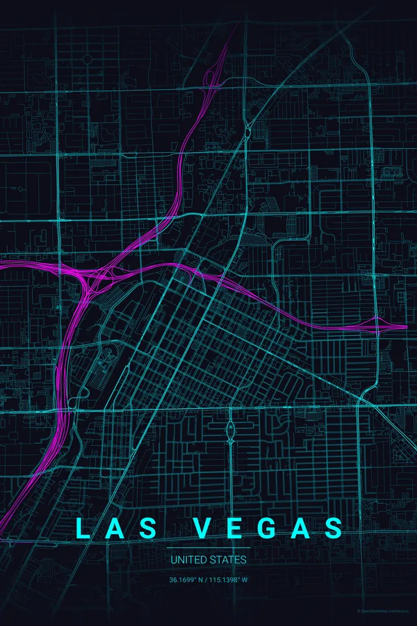 Las Vegas map poster in the Neon Cyberpunk theme