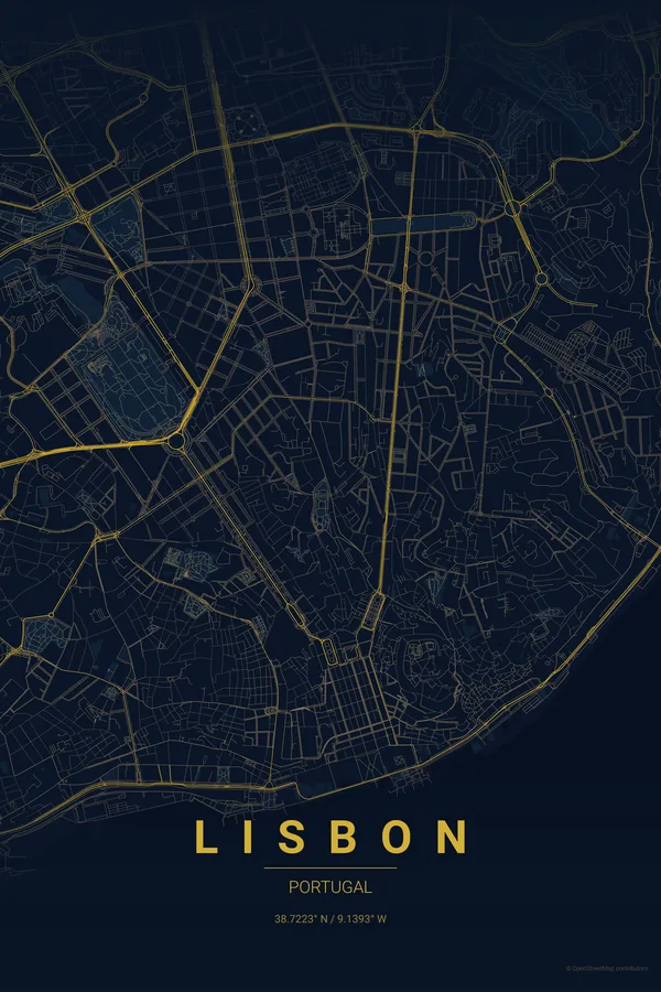 Lisbon map poster in the Midnight Blue theme