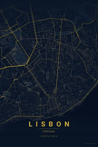 Lisbon map poster in the Midnight Blue theme