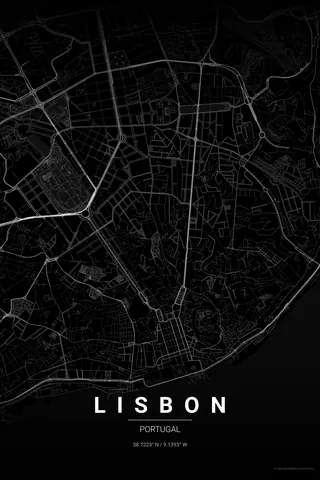 Lisbon map poster in the Noir theme