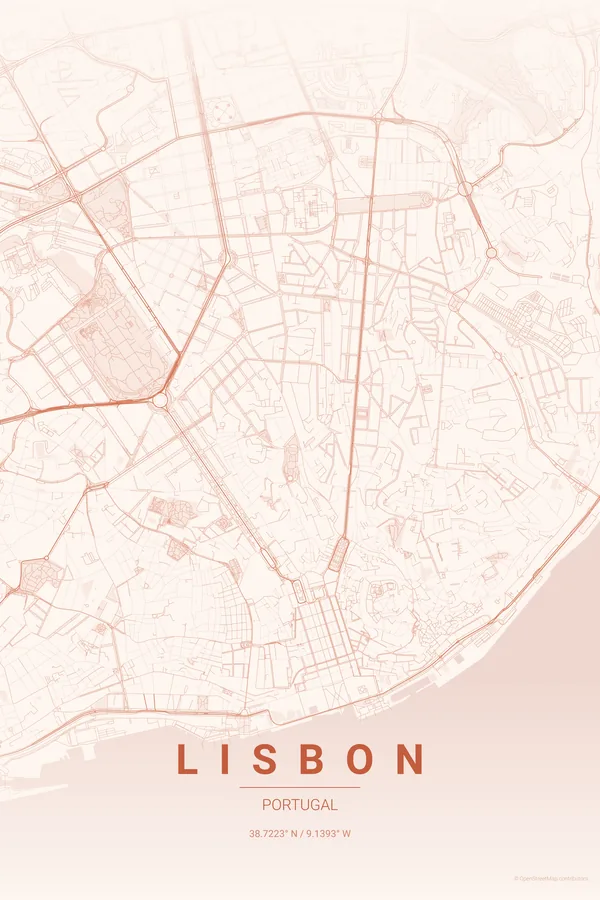 Lisbon map poster in the Sunset palette