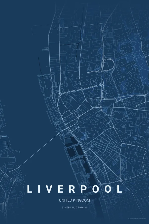 Liverpool map poster in the Blueprint theme