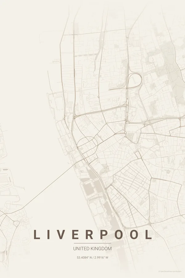 Liverpool map poster in the Warm Beige theme