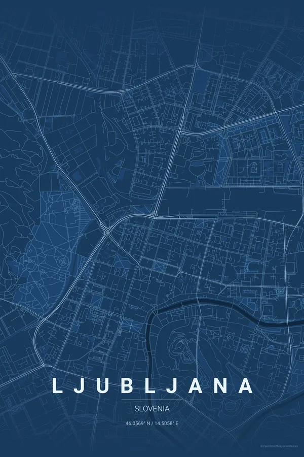Ljubljana map poster in the Blueprint theme