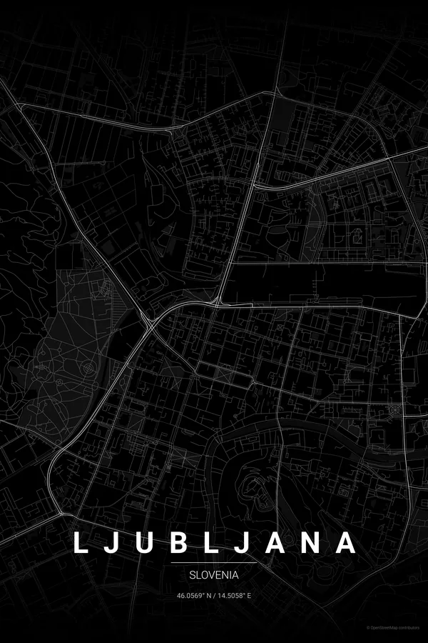 Ljubljana map poster in the Noir theme