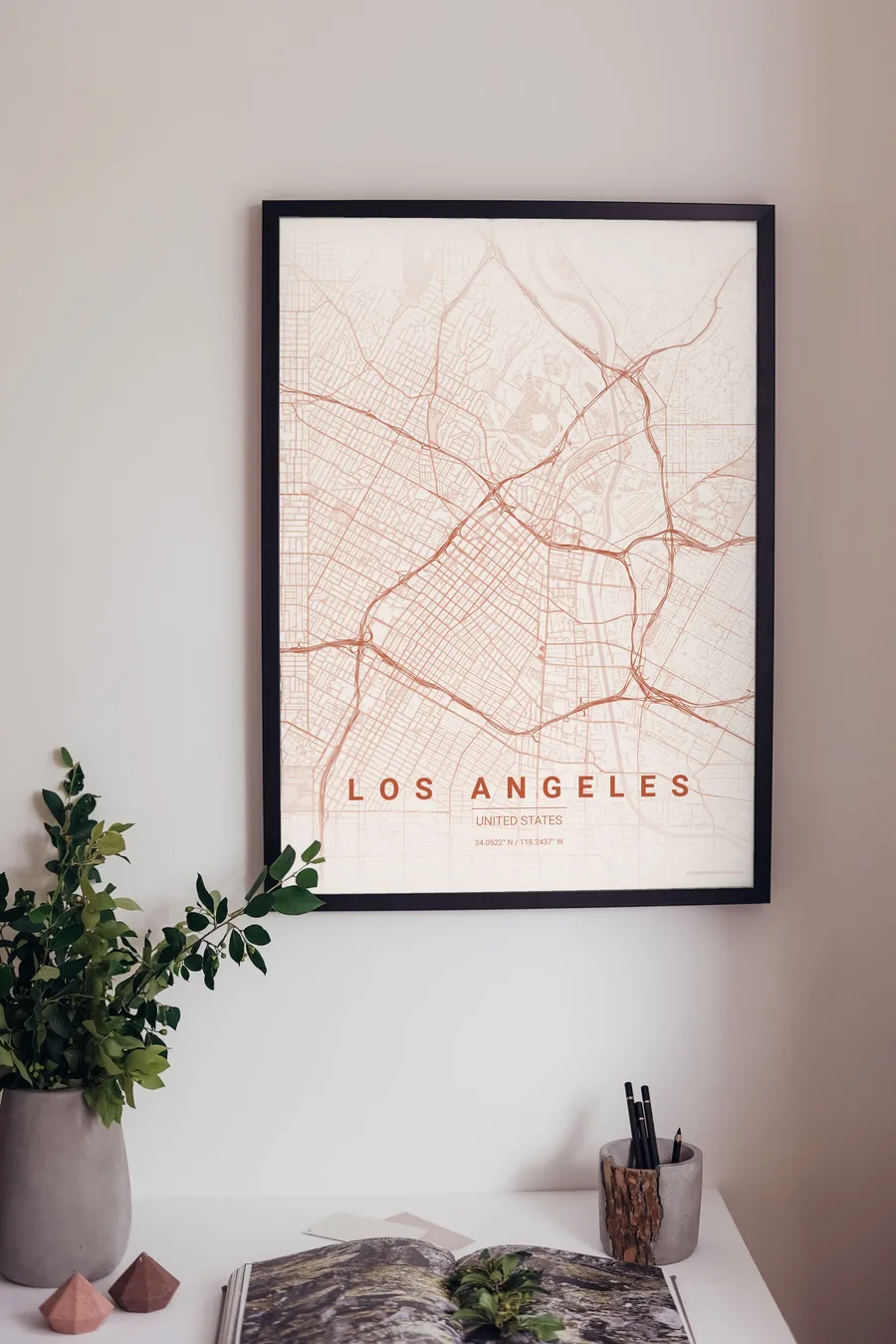 Los Angeles map poster framed on a living-room wall