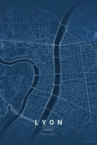 Lyon map poster in the Blueprint theme
