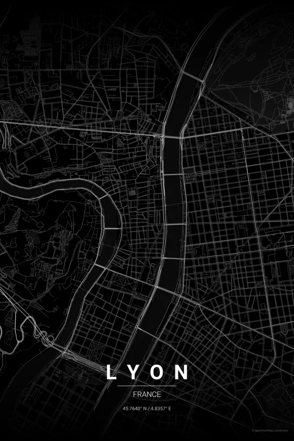 Lyon map poster in the Noir theme