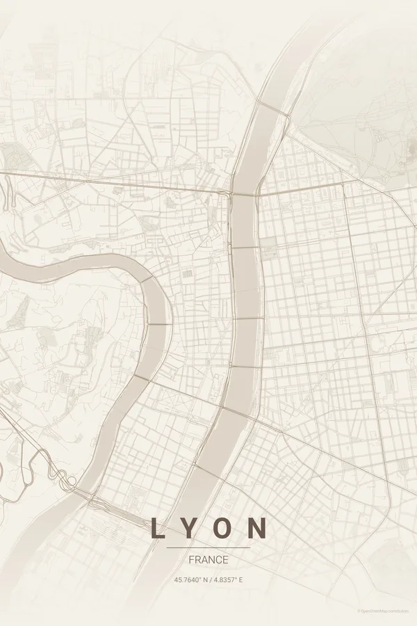 Lyon map poster in the Warm Beige theme