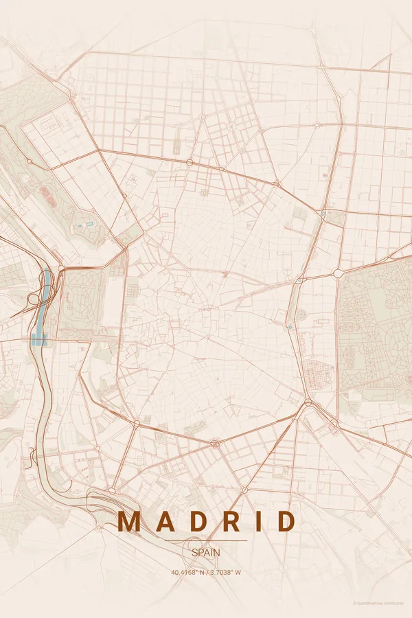 Madrid map poster in the Terracotta palette