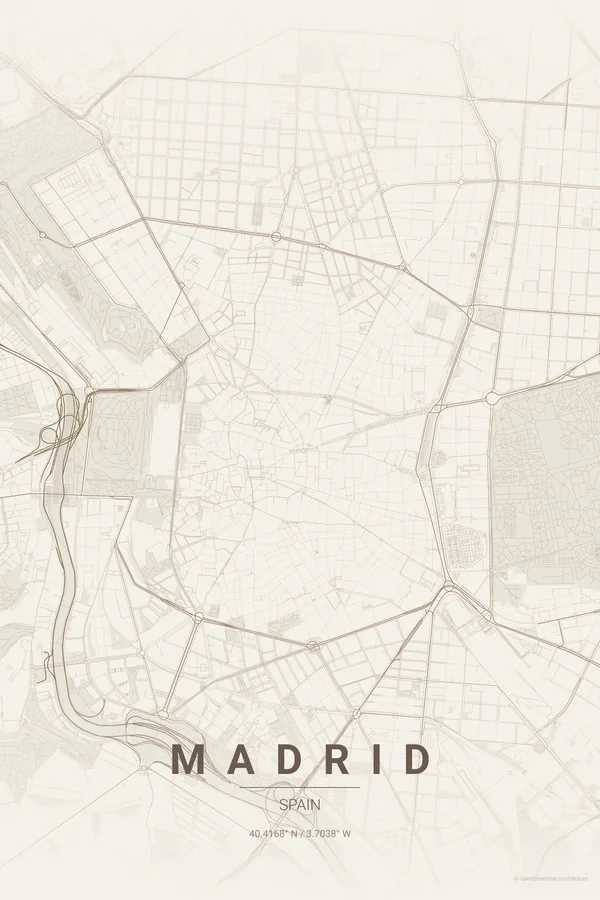 Madrid map poster in the Warm Beige theme
