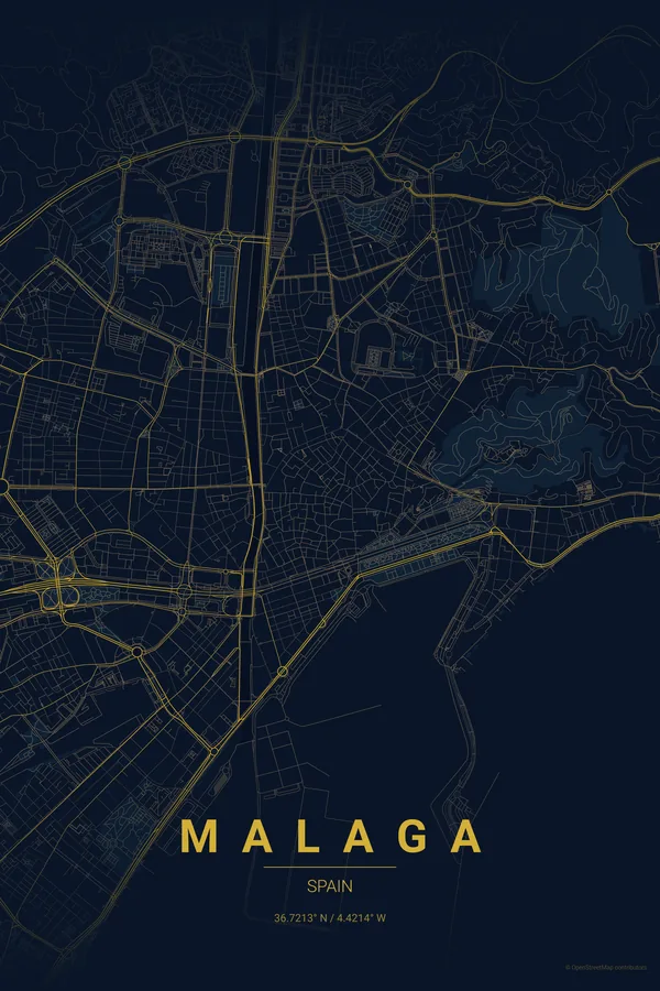 Malaga map poster in the Midnight Blue theme