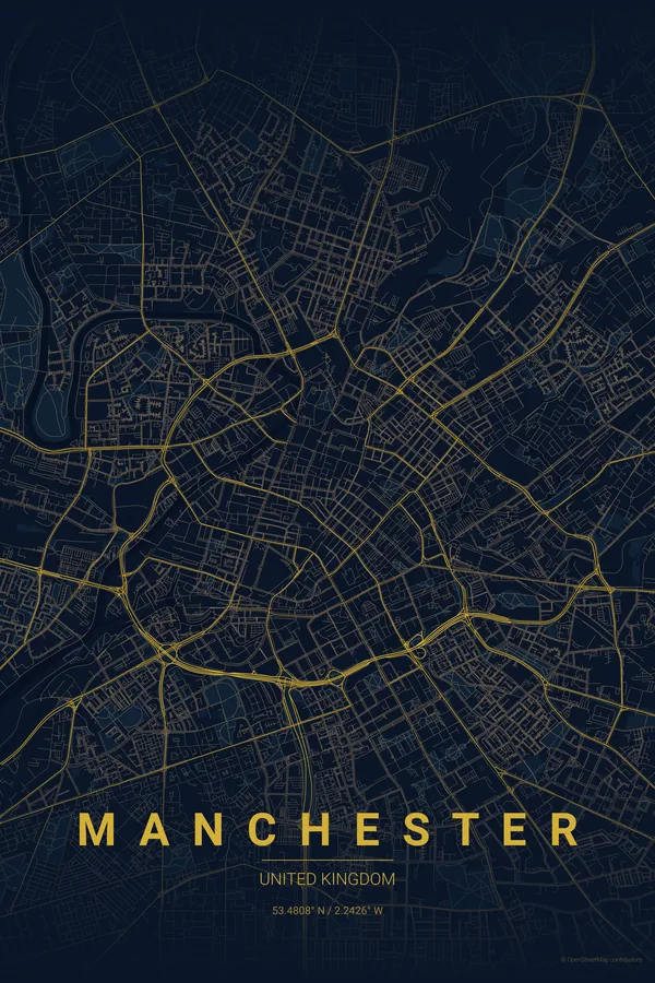 Manchester map poster in the Midnight Blue theme
