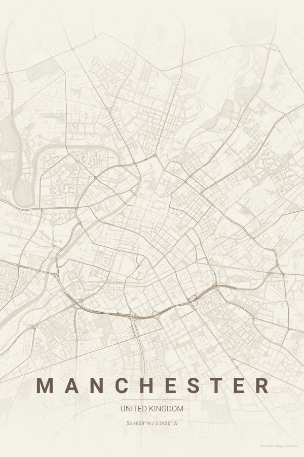 Manchester map poster in the Warm Beige theme