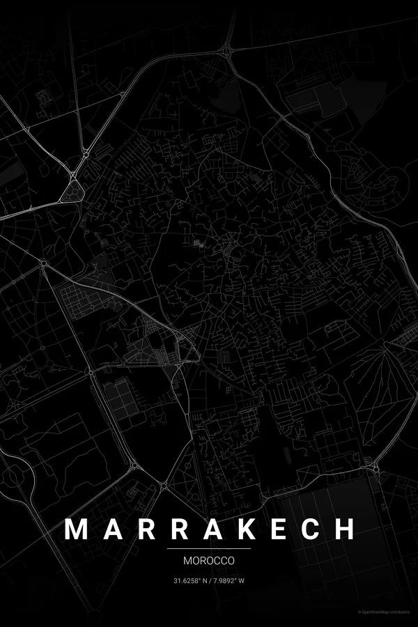Marrakech map poster in the Noir theme