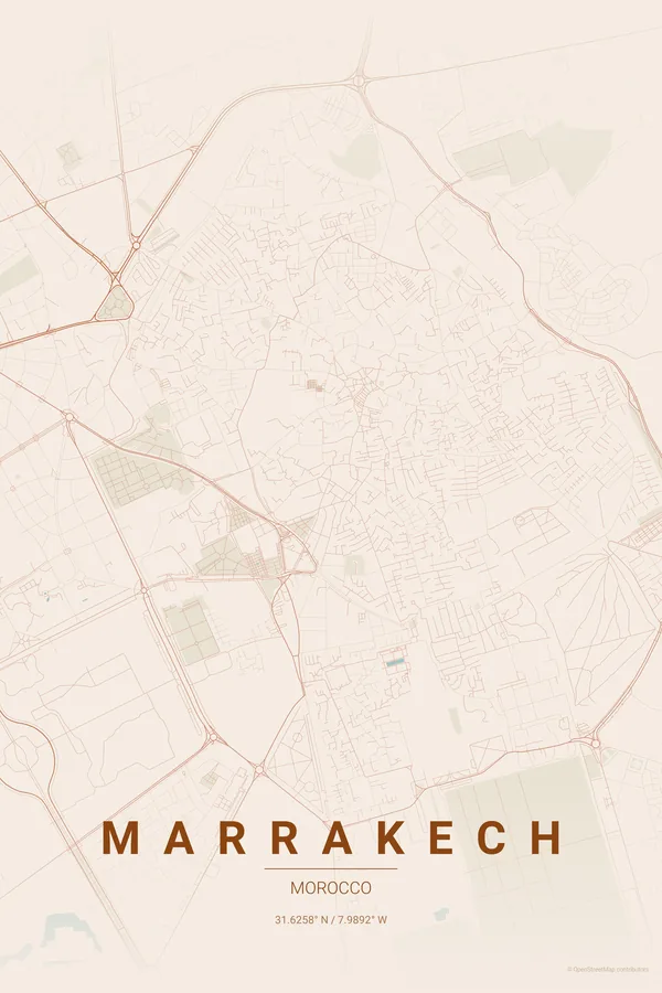 Marrakech map poster in the Terracotta palette