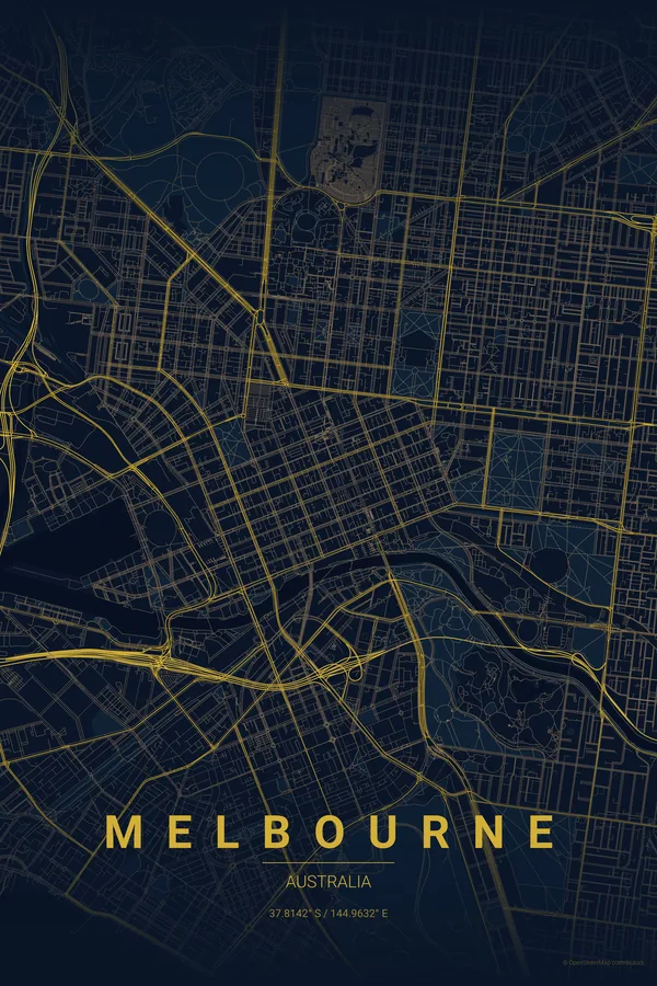 Melbourne map poster in the Midnight Blue theme