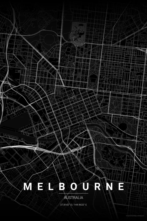 Melbourne map poster in the Noir theme