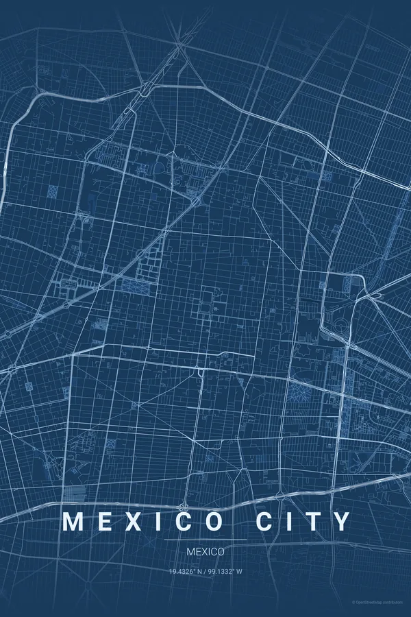 Mexico City map poster in the Blueprint theme