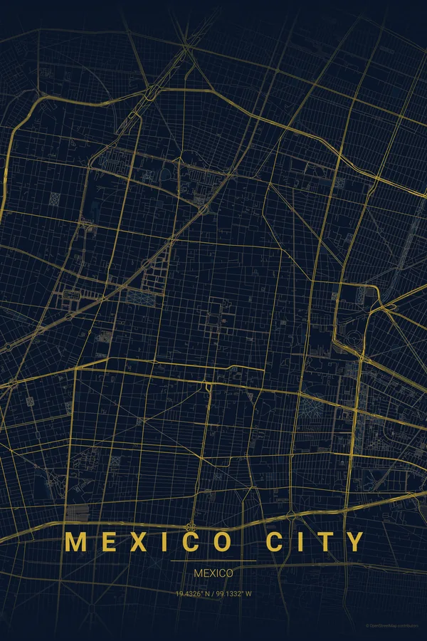 Mexico City map poster in the Midnight Blue theme