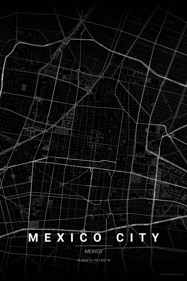 Mexico City map poster in the Noir theme