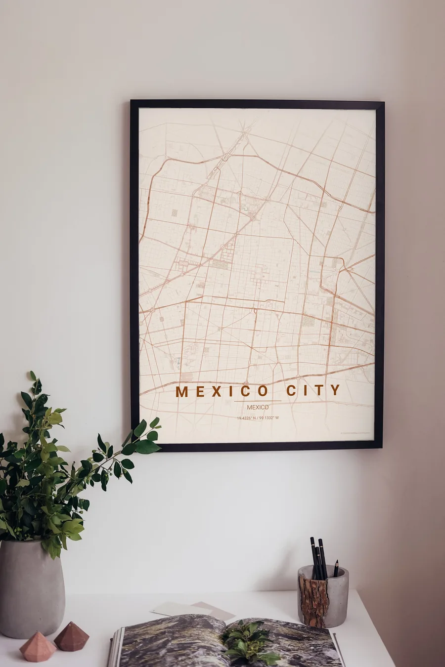 Mexico City map poster framed on a living-room wall