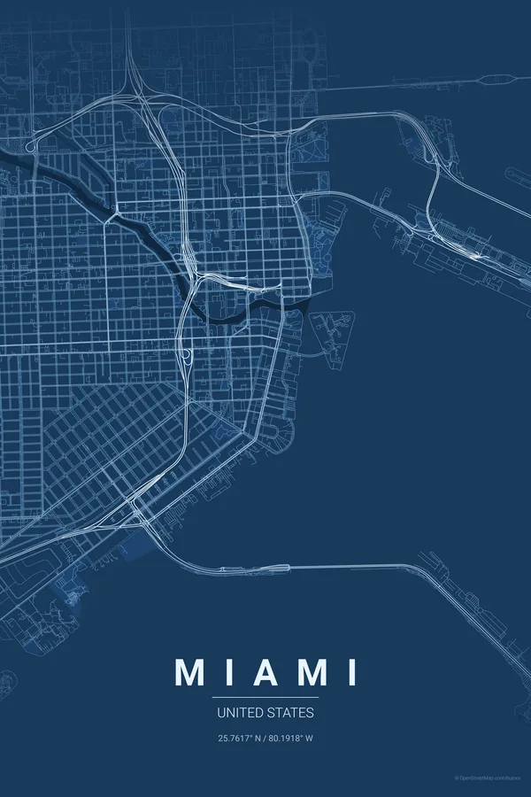 Miami map poster in the Blueprint theme