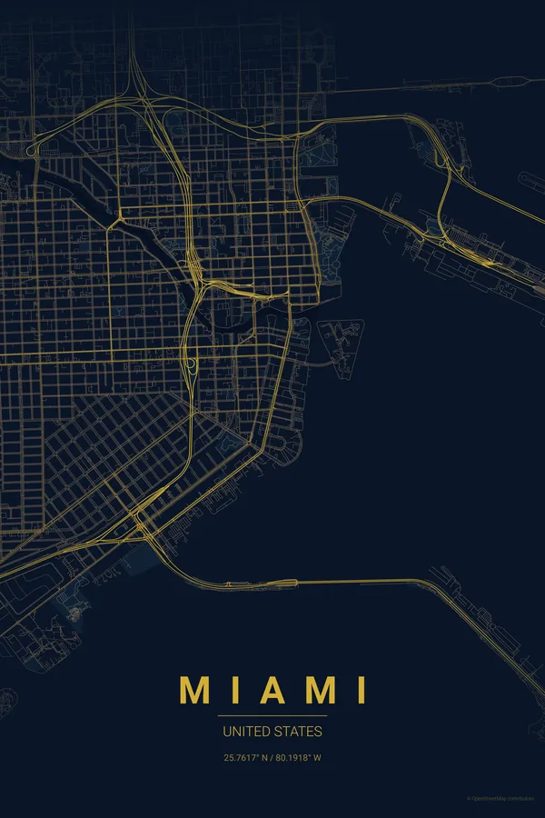 Miami map poster in the Midnight Blue theme