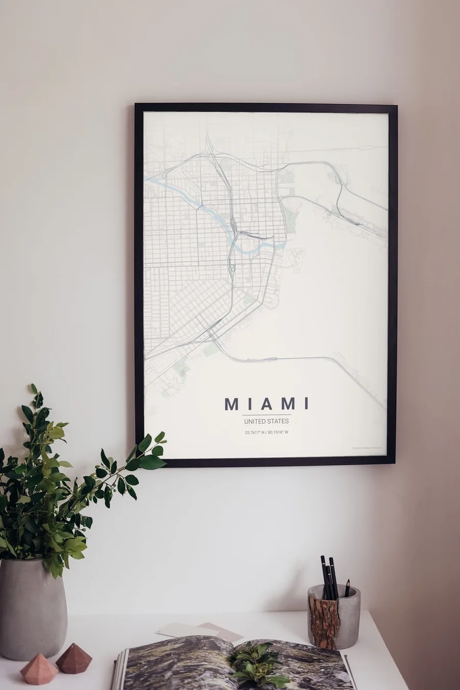 Miami map poster framed on a living-room wall