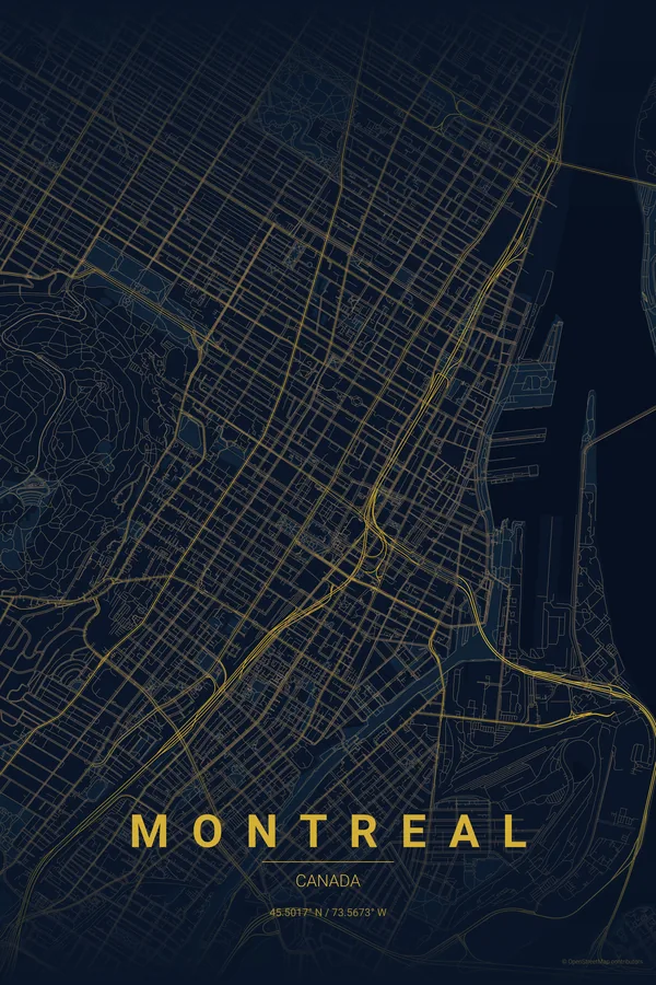 Montreal map poster in the Midnight Blue theme