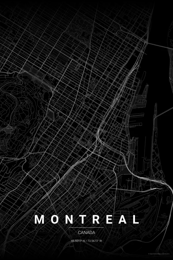 Montreal map poster in the Noir palette