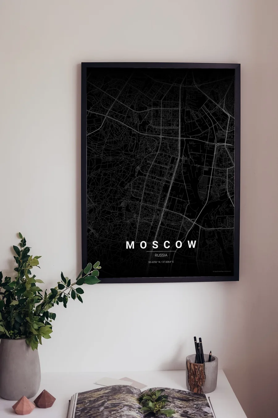 Moscow map poster framed on a living-room wall