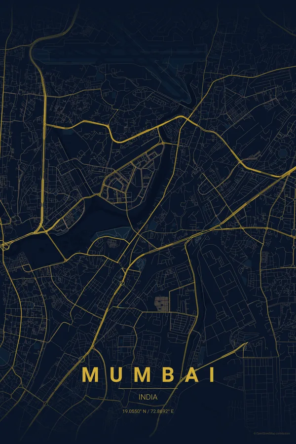Mumbai map poster in the Midnight Blue theme