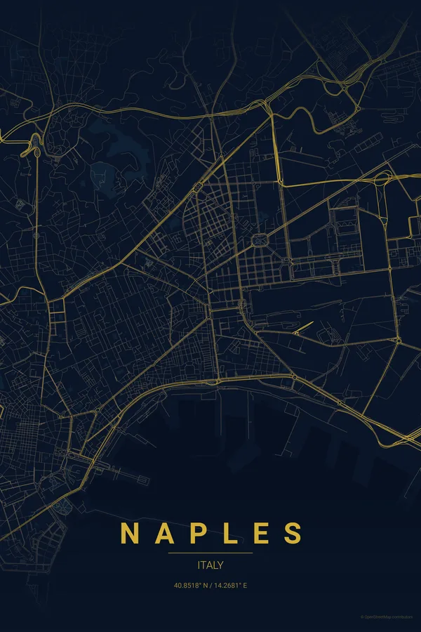 Naples map poster in the Midnight Blue theme