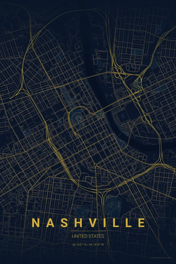 Nashville map poster in the Midnight Blue theme