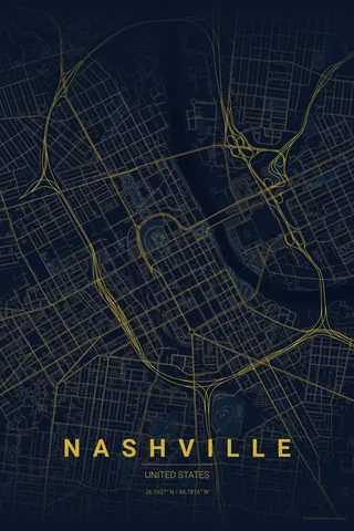 Nashville map poster in the Midnight Blue theme