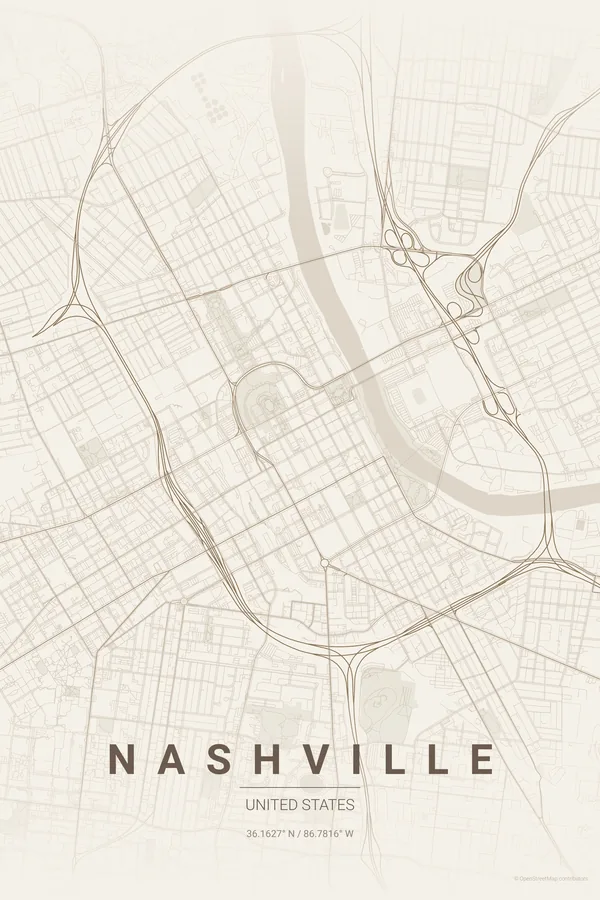 Nashville map poster in the Warm Beige palette