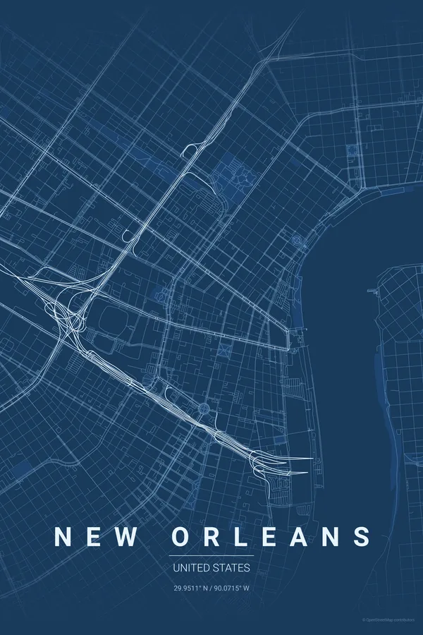 New Orleans map poster in the Blueprint theme