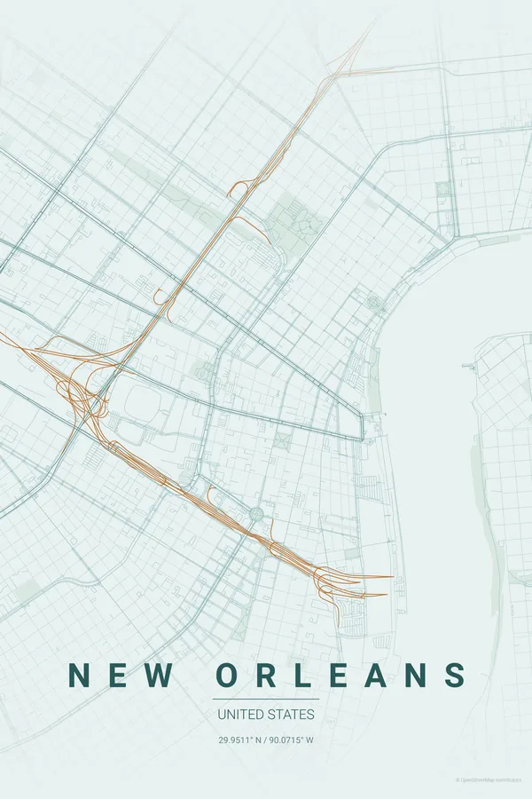 New Orleans map poster in the Copper Patina palette