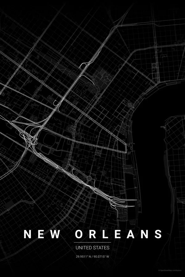New Orleans map poster in the Noir theme