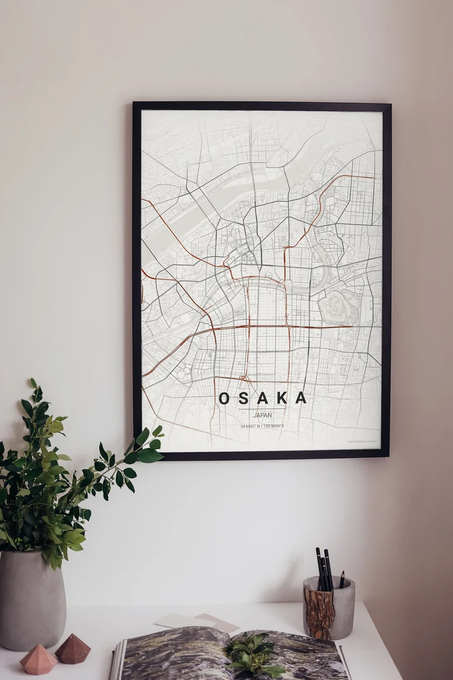 Osaka map poster framed on a living-room wall