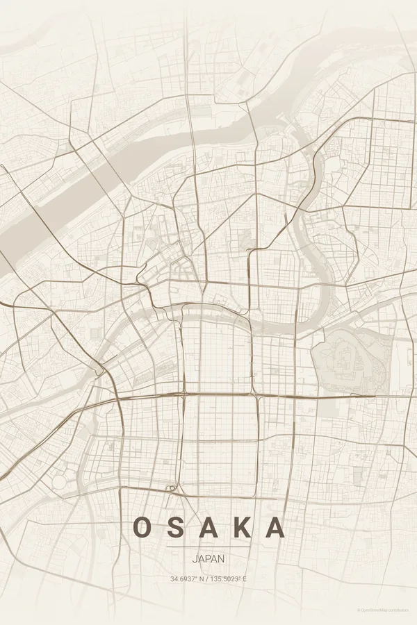 Osaka map poster in the Warm Beige theme