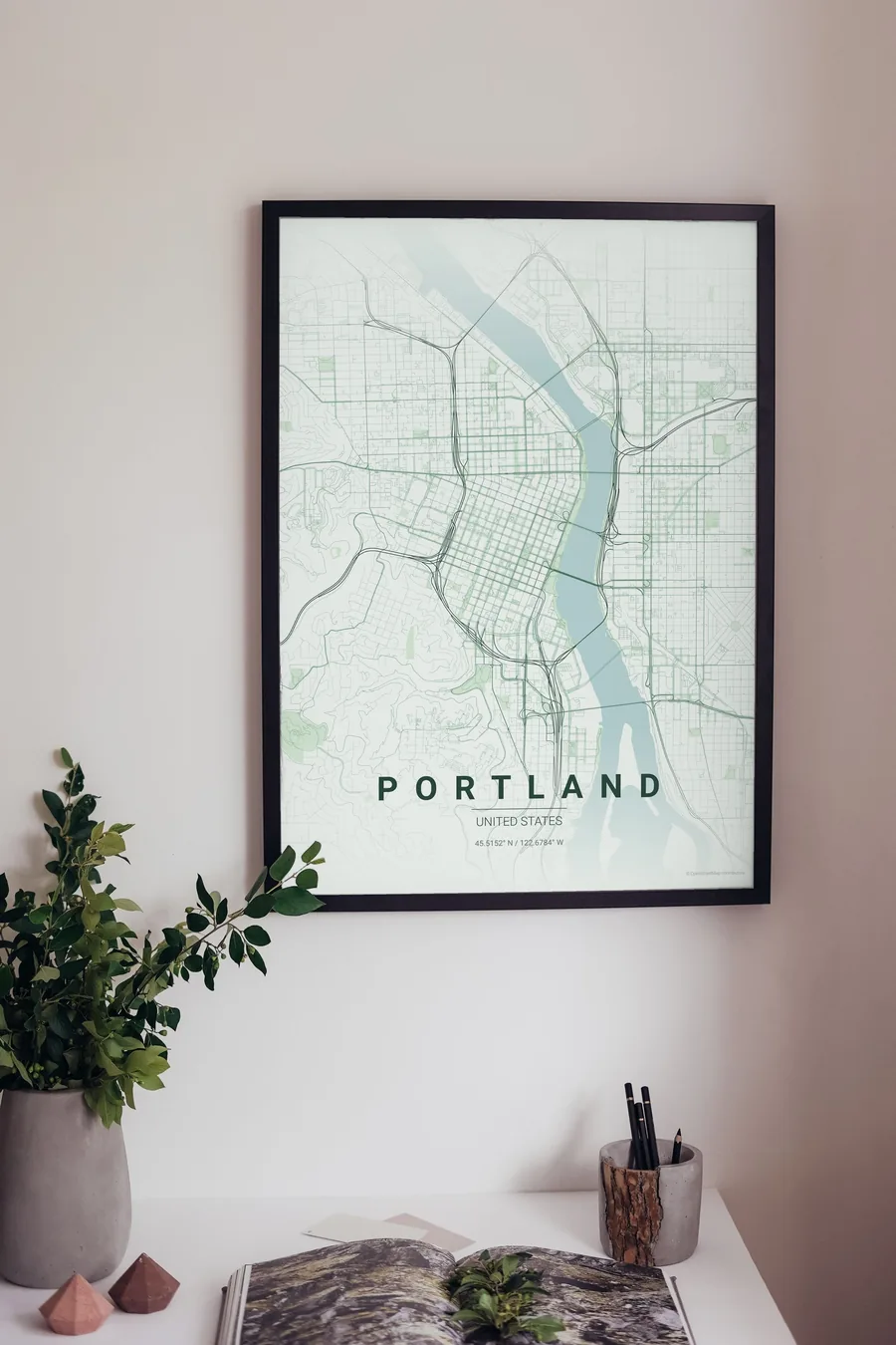 Portland map poster framed on a living-room wall