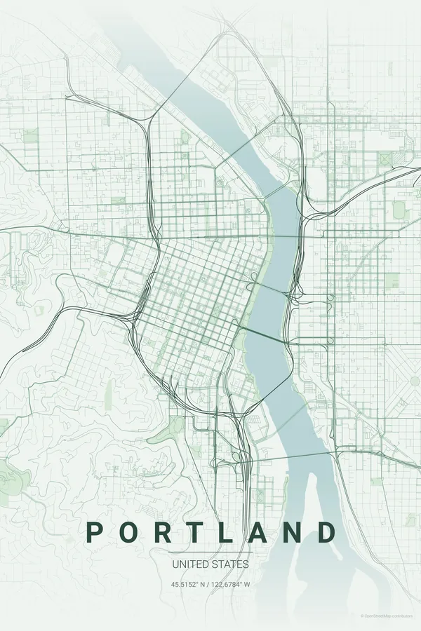 Portland map poster in the Forest palette
