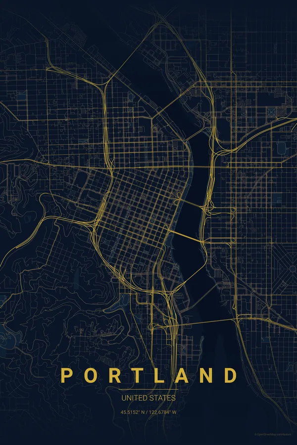 Portland map poster in the Midnight Blue theme