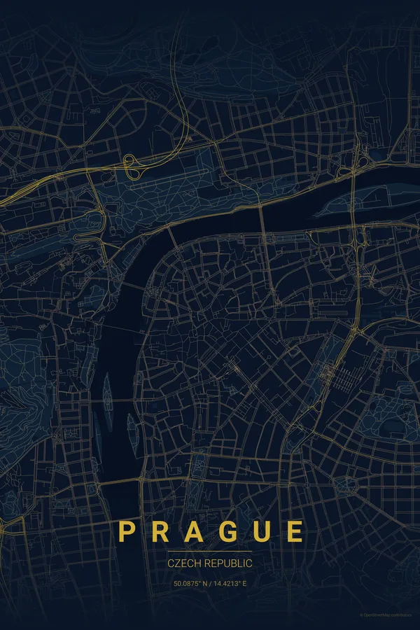 Prague map poster in the Midnight Blue theme