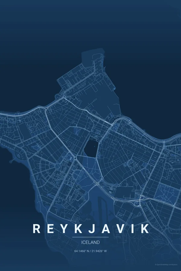 Reykjavik map poster in the Blueprint theme
