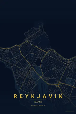 Reykjavik map poster in the Midnight Blue theme