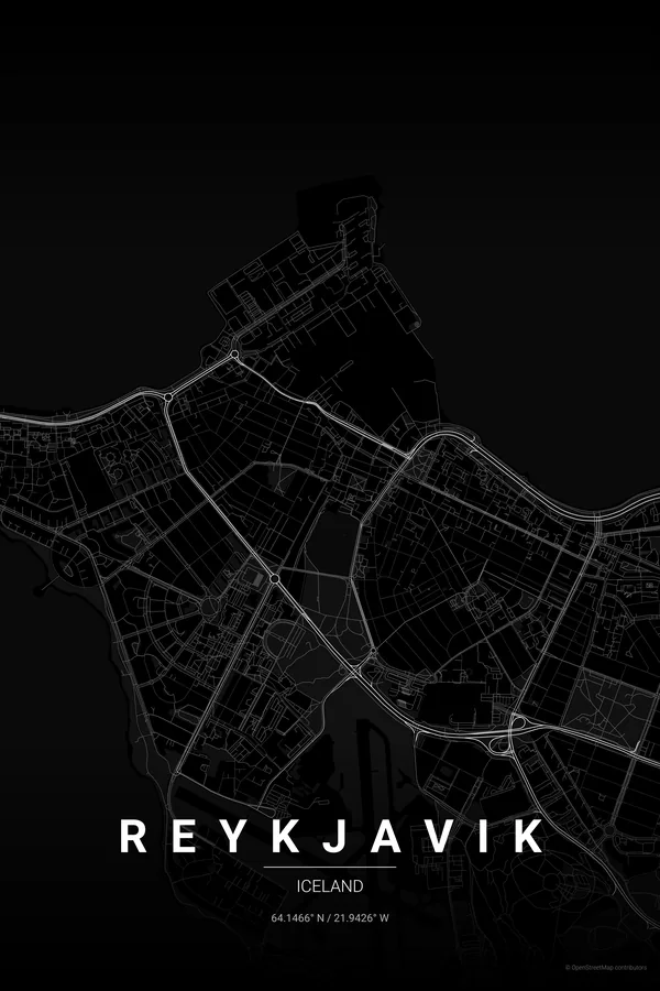 Reykjavik map poster in the Noir theme